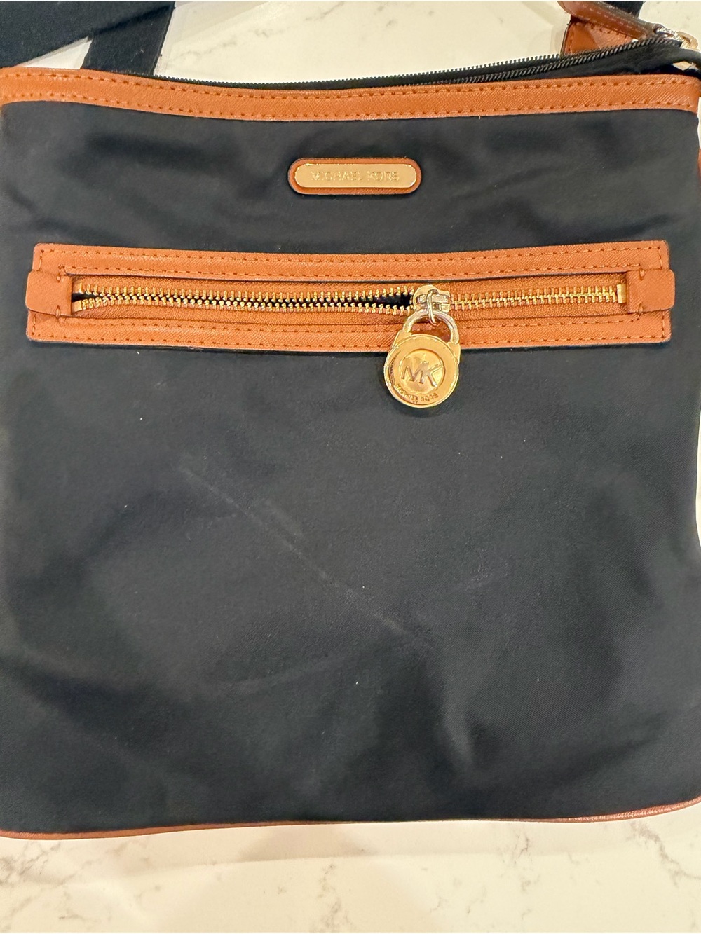 Michael Kors Black and Brown Trim Crossbody Bag with Gold Hardware